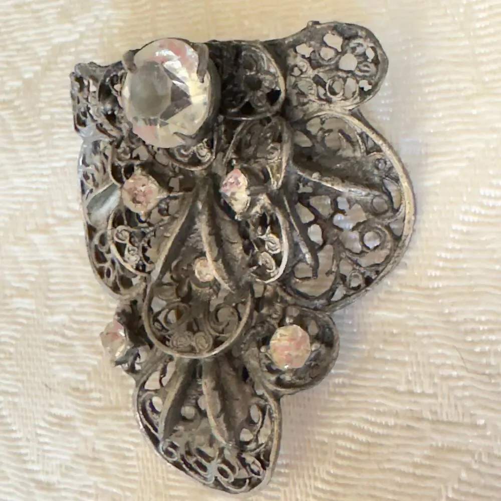 Vintage Art Nouveau Rhinestone Pot Metal Filigree and Flowers Dress Clip 1940s